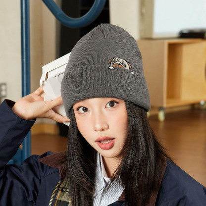 日系小狗刺繡毛線帽秋冬加厚帽子護耳針織帽男女冷帽