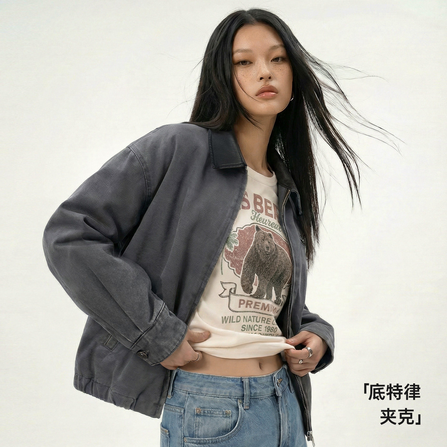 美式格雷系寬鬆撞色翻領底特律獵裝工裝夾克短外套上衣女士春