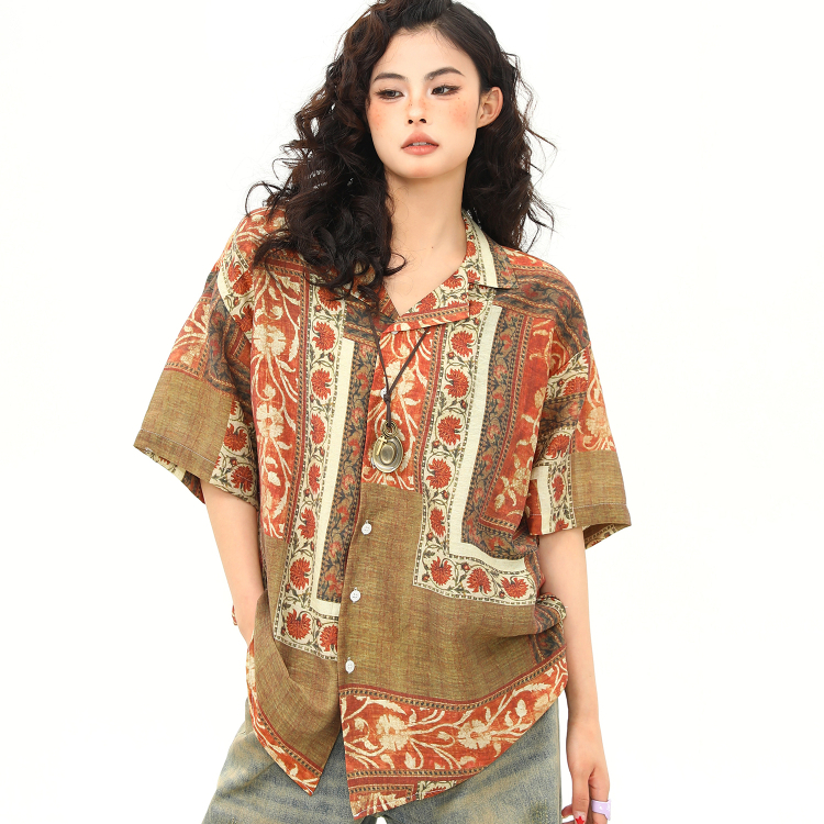 古著花卉襯衫女美式個性潮牌西裝領短袖襯衣夏季凉感上衣