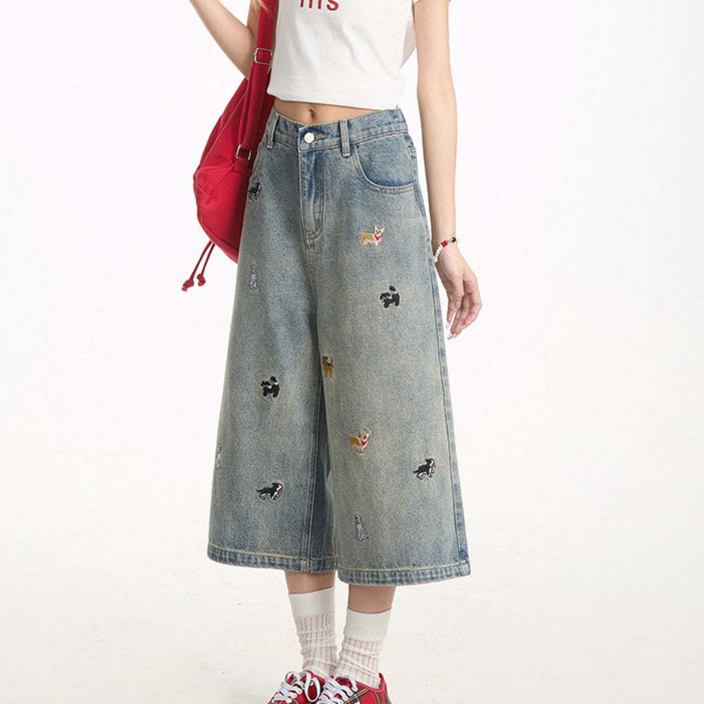 夏季牛仔短褲女新款寬鬆直筒趣味小狗刺繡設計感七分褲