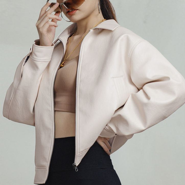 馬登女裝 美式復古米白色皮衣外套寬鬆機車短款夾克通勤外套上衣春秋女