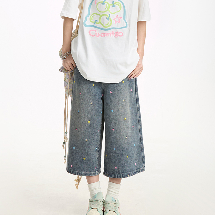 夏季藍色七分褲女美式復古做舊水洗寬鬆休閒顯瘦牛仔短褲