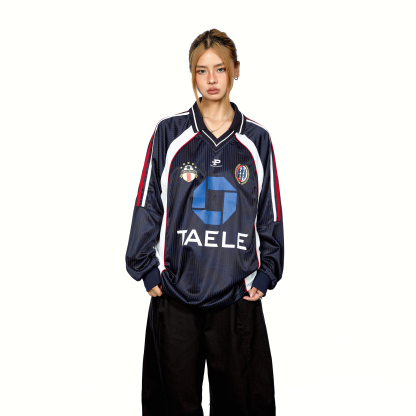 拼接撞色翻領印花長袖T恤女美式創意設計感寬鬆運動上衣秋