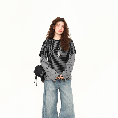 春季新款條紋假兩件波點長袖T恤女短寬鬆百搭設計感上衣