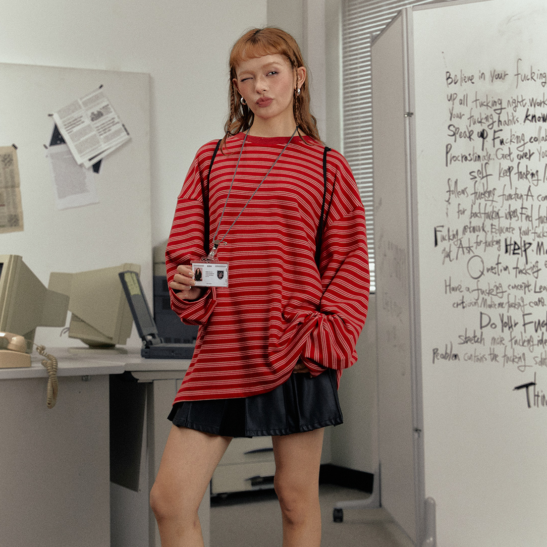 美式復古寬鬆長袖T恤圓領打底衫女春秋內搭紅色條紋上衣