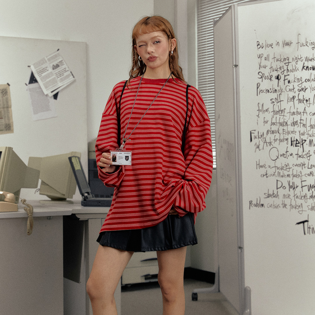 美式復古寬鬆長袖T恤圓領打底衫女春秋內搭紅色條紋上衣