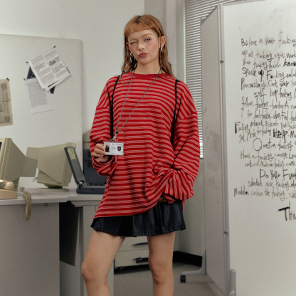 美式復古寬鬆長袖T恤圓領打底衫女春秋內搭紅色條紋上衣