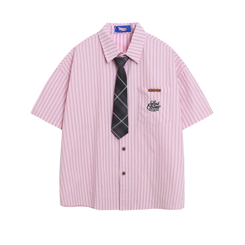 美式復古豎條紋學院風短袖襯衫女刺繡字母艺文高級感襯衣