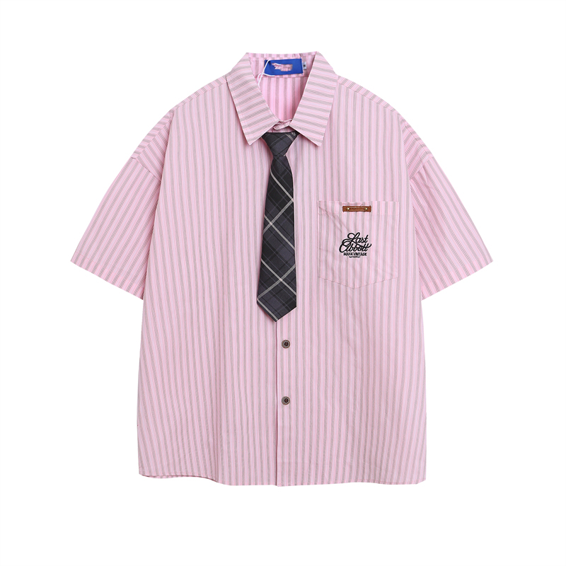 美式復古豎條紋學院風短袖襯衫女刺繡字母艺文高級感襯衣