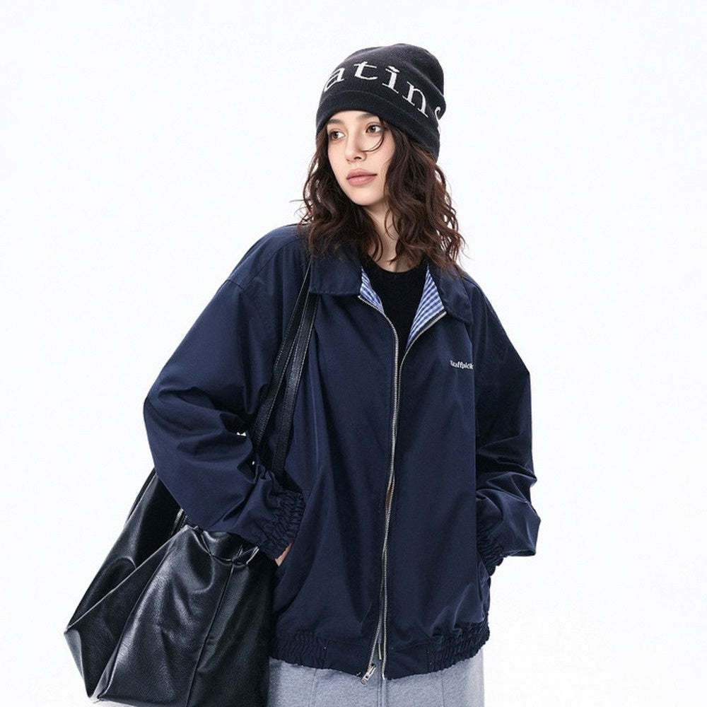 設計感拼接兩面穿格子外套女春季2025新款復古寬鬆基礎款夾克上衣