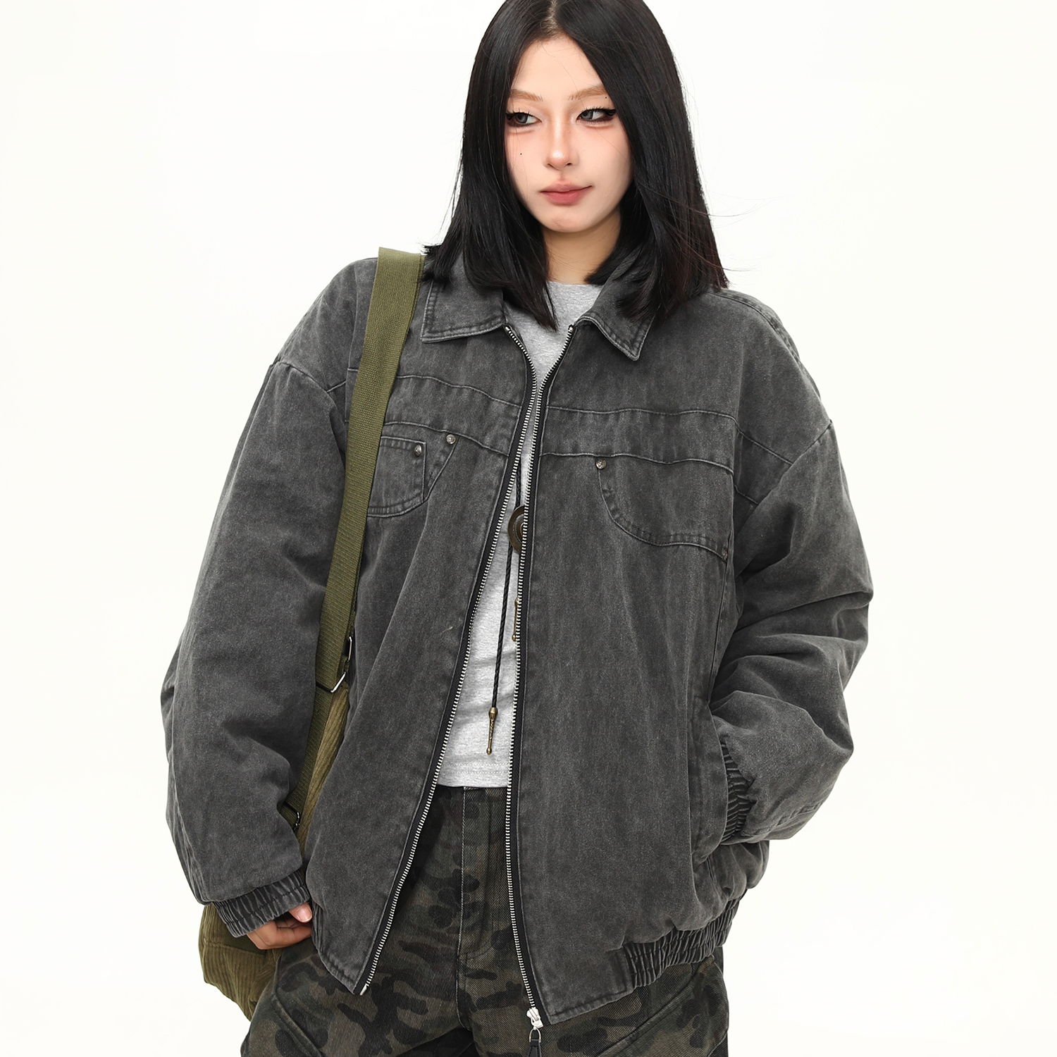 美式水洗重磅工裝棉服外套女冬季新款加棉潮牌翻領夾克