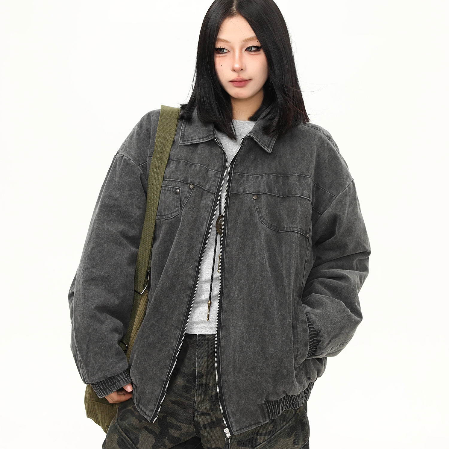 美式水洗重磅工裝棉服外套女冬季新款加棉潮牌翻領夾克