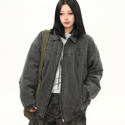 美式水洗重磅工裝棉服外套女冬季新款加棉潮牌翻領夾克