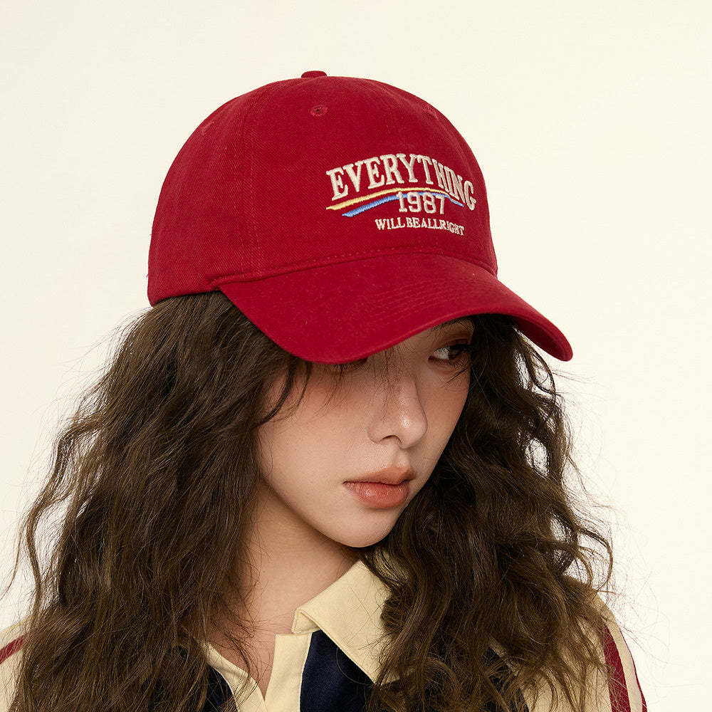 美式復古顯白酒紅色鴨舌帽子女顯臉小街頭休閒寬彎簷深頂棒球帽