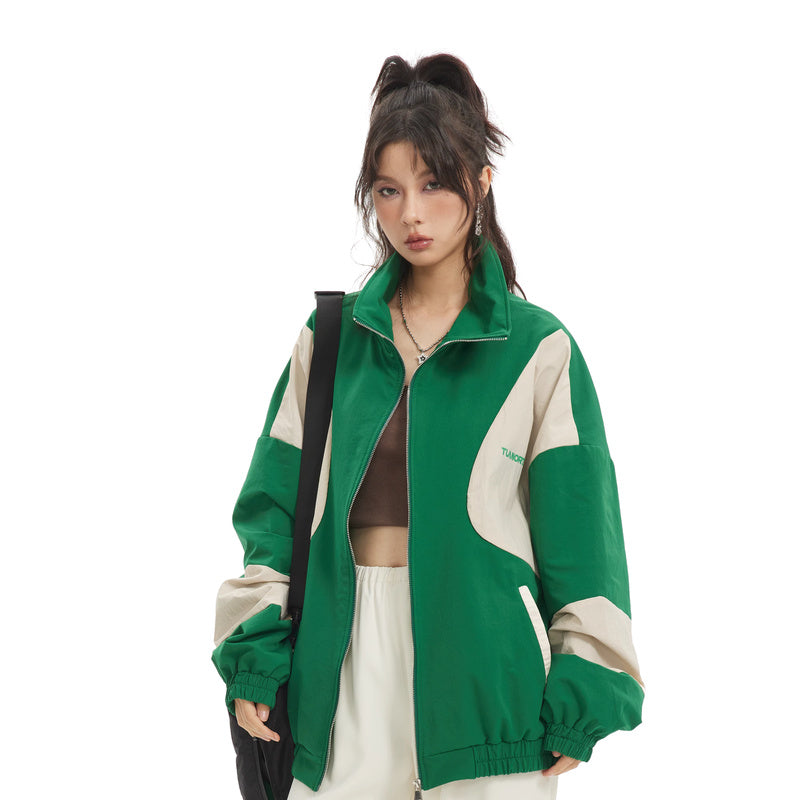 美式復古撞色拉鍊休閒收腰運動外套夾克女春秋