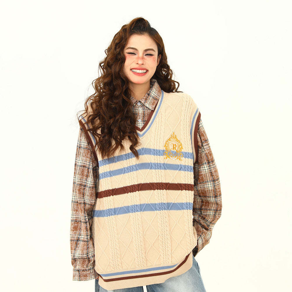 美式復古學院風假兩件毛衣女秋冬寬鬆格子針織衫上衣