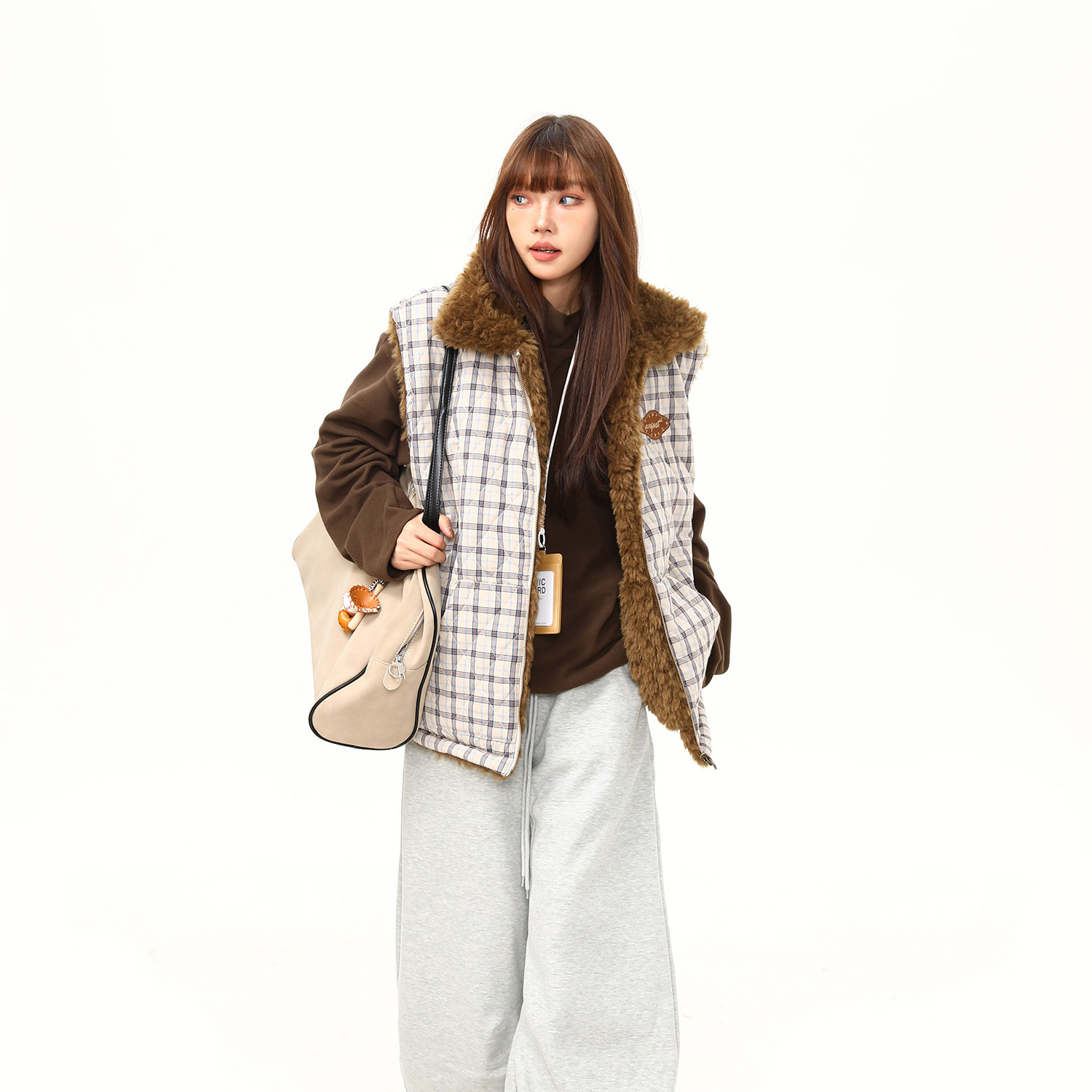 美式復古格紋羊羔毛雙面穿棉服馬甲外套女冬季加厚棉襖