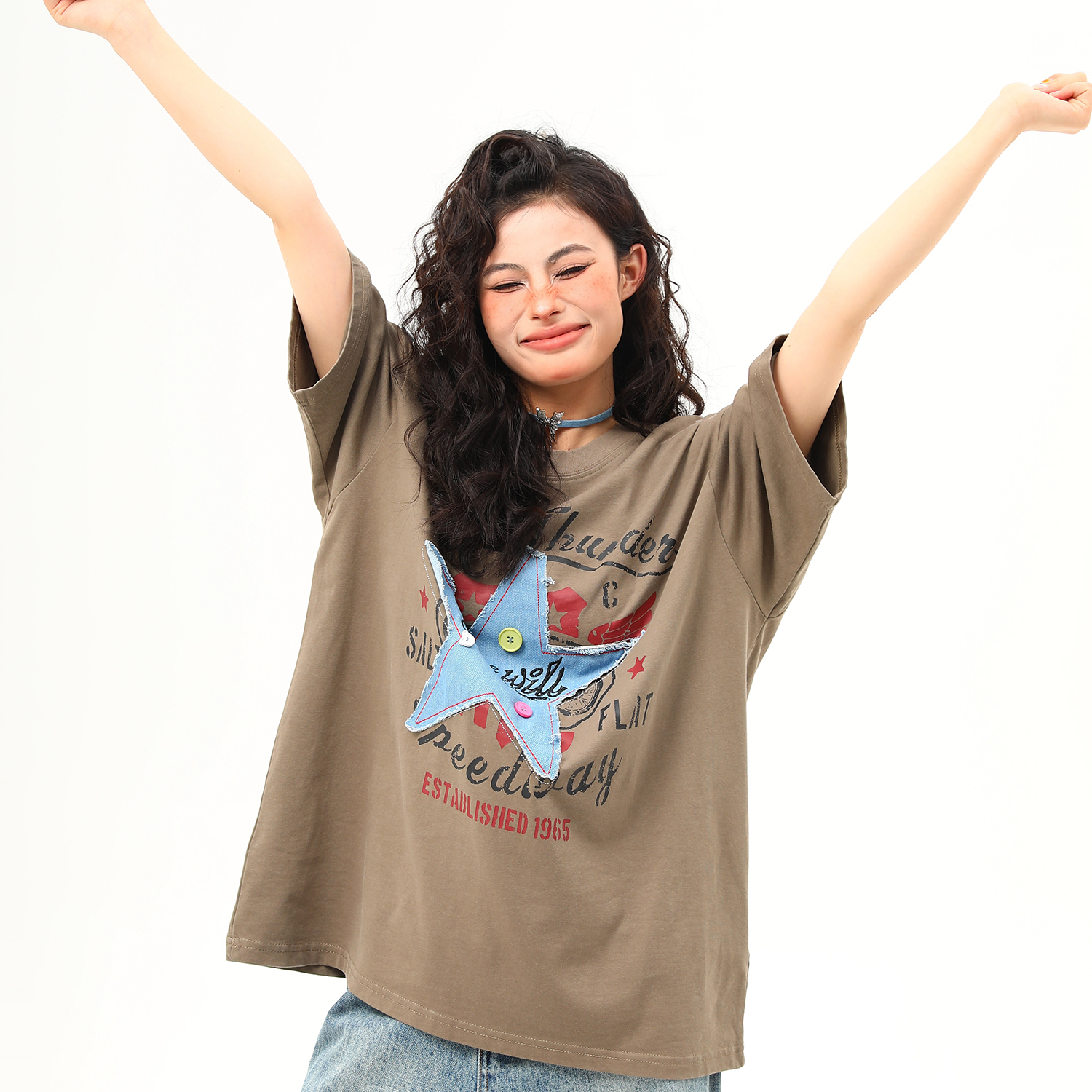 美式復古星星貼布刺繡短袖T恤女寬鬆百搭上衣