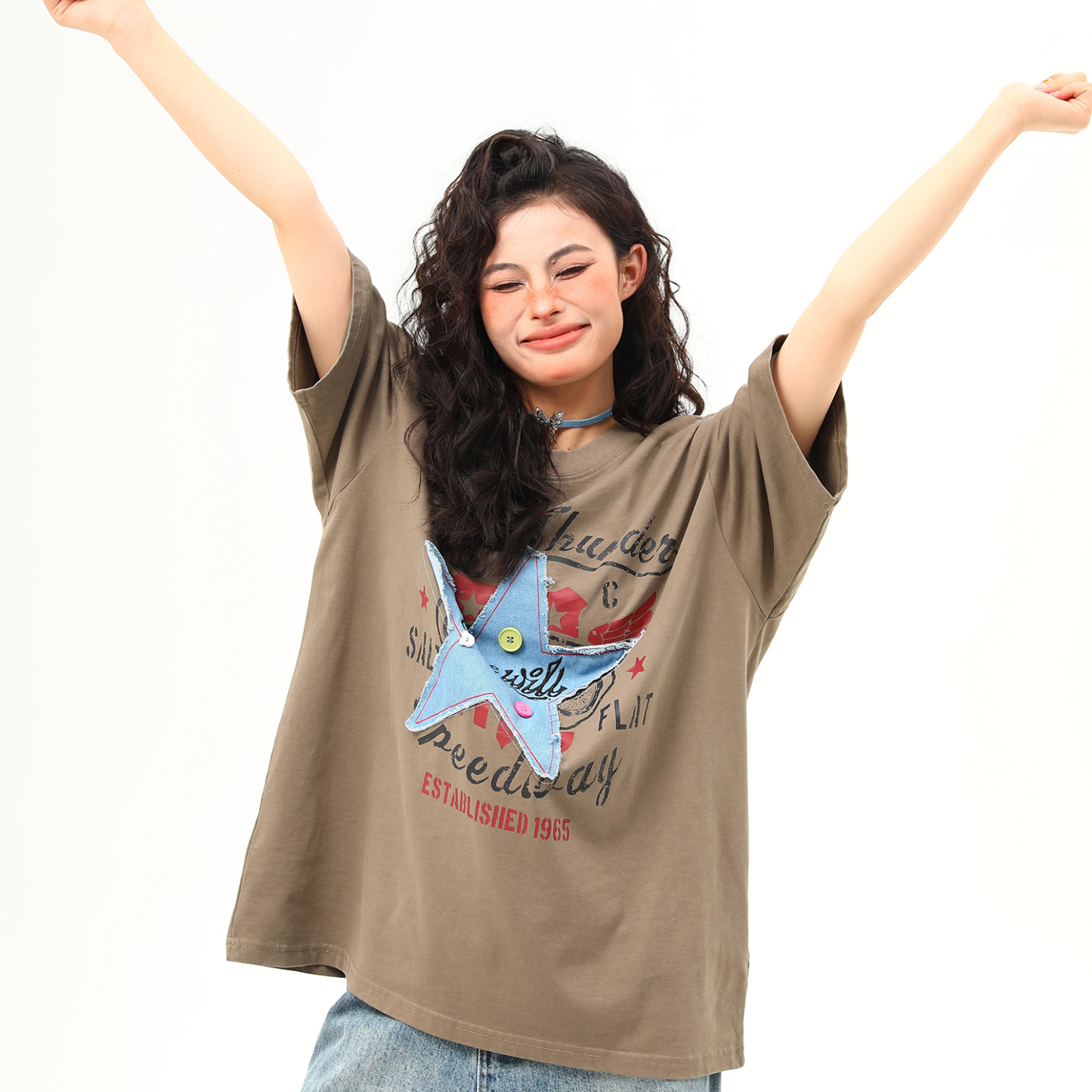 美式復古星星貼布刺繡短袖T恤女寬鬆百搭上衣