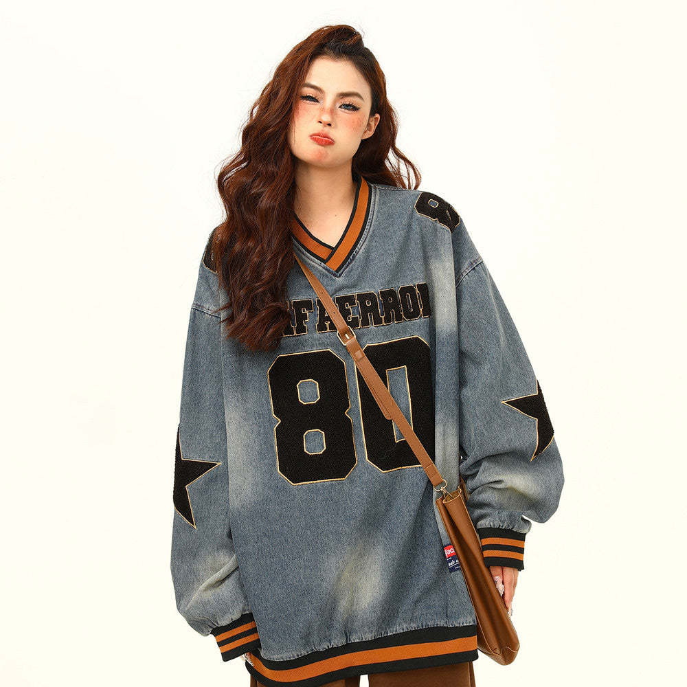 美式復古水洗重磅牛仔衛衣女秋季新款潮牌高級感上衣