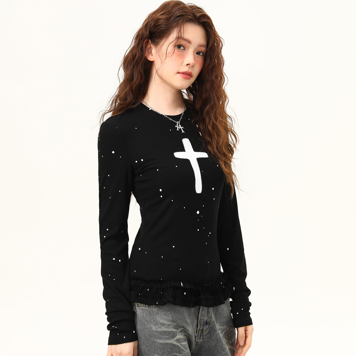 黑色波點內搭打底衫女春季超好看花邊下擺修身長袖T恤女