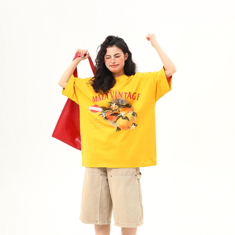 美式復古橘子印花薑黃色短袖T恤女夏季氛圍感穿搭半袖tee