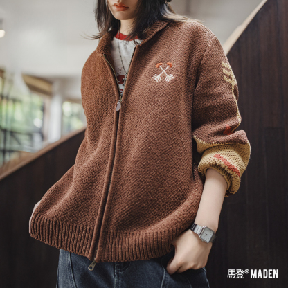 印第安復古咖色加厚針織雙頭拉鍊翻領刺繡毛衣開衫外套秋冬女
