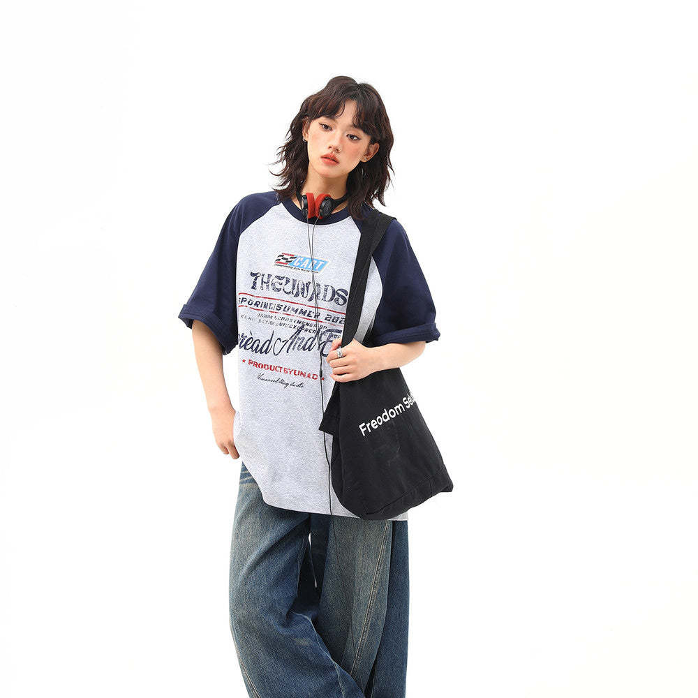 美式復古撞色插肩袖字母短袖T恤女夏季百搭體恤潮ins