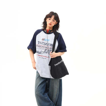 美式復古撞色插肩袖字母短袖T恤女夏季百搭體恤潮ins