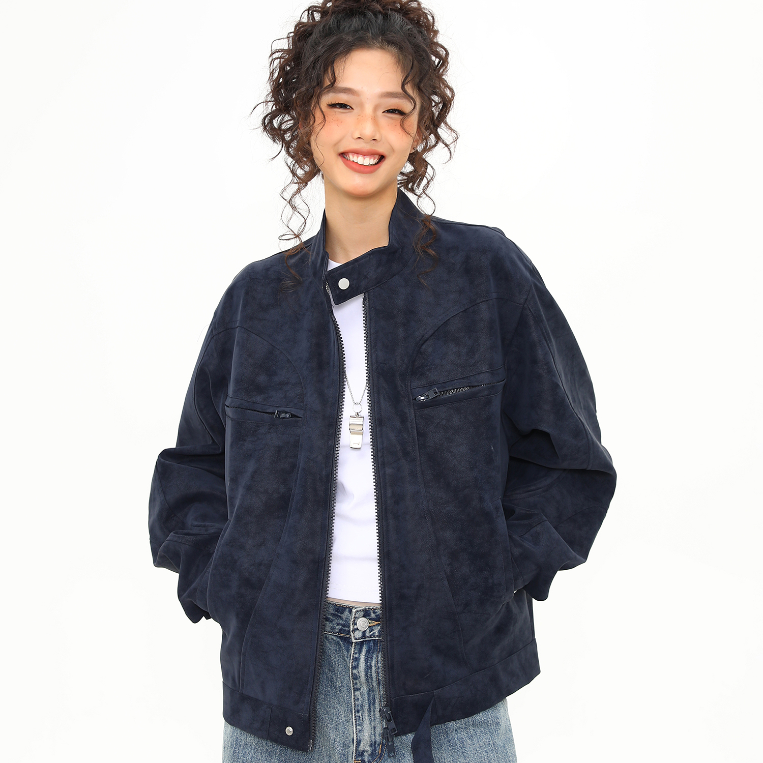 美式街頭潮牌立領PU皮衣外套女秋冬設計感寬鬆機車夾克