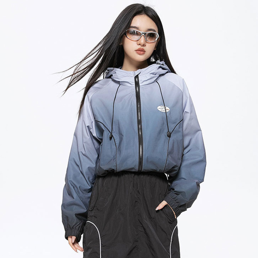 漸變設計感潮牌甜美短款外套女連帽衝鋒衣辣妹粉色短夾克