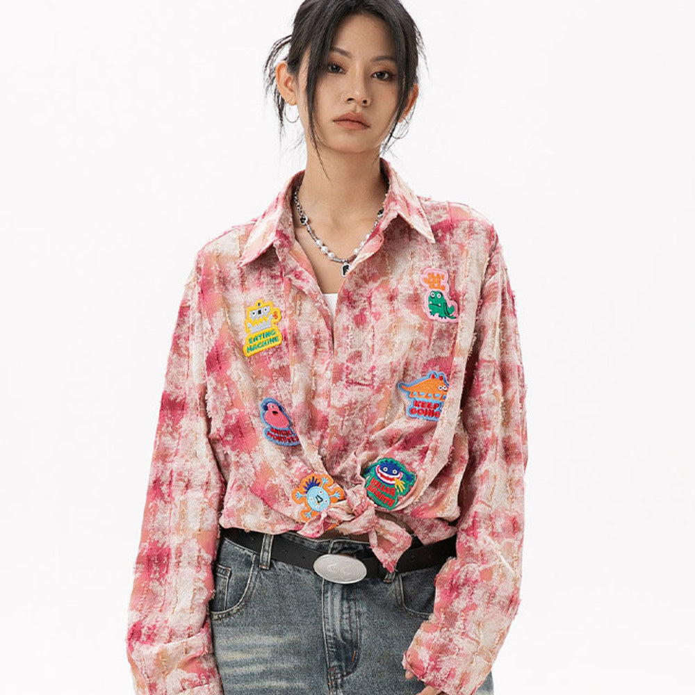 美式復古貼布刺繡卡通長袖襯衫女小香風磨毛上衣