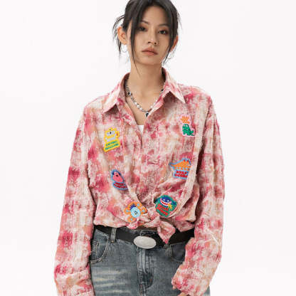 美式復古貼布刺繡卡通長袖襯衫女小香風磨毛上衣