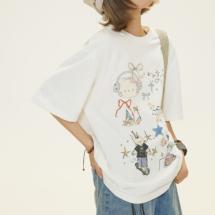 夏季小眾顯瘦素描印花短袖T恤女2025新款休閒T賉