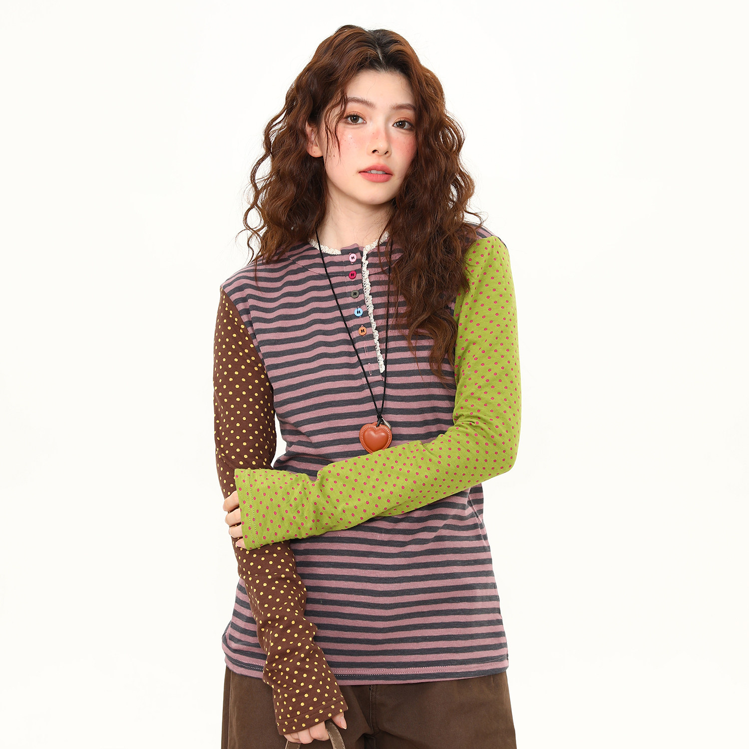 春季新款拼接設計感波點蕾絲花邊長袖T恤女短寬鬆百搭tee