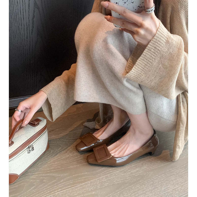 法式真皮方頭方扣小猫跟單鞋女ol通勤鞋