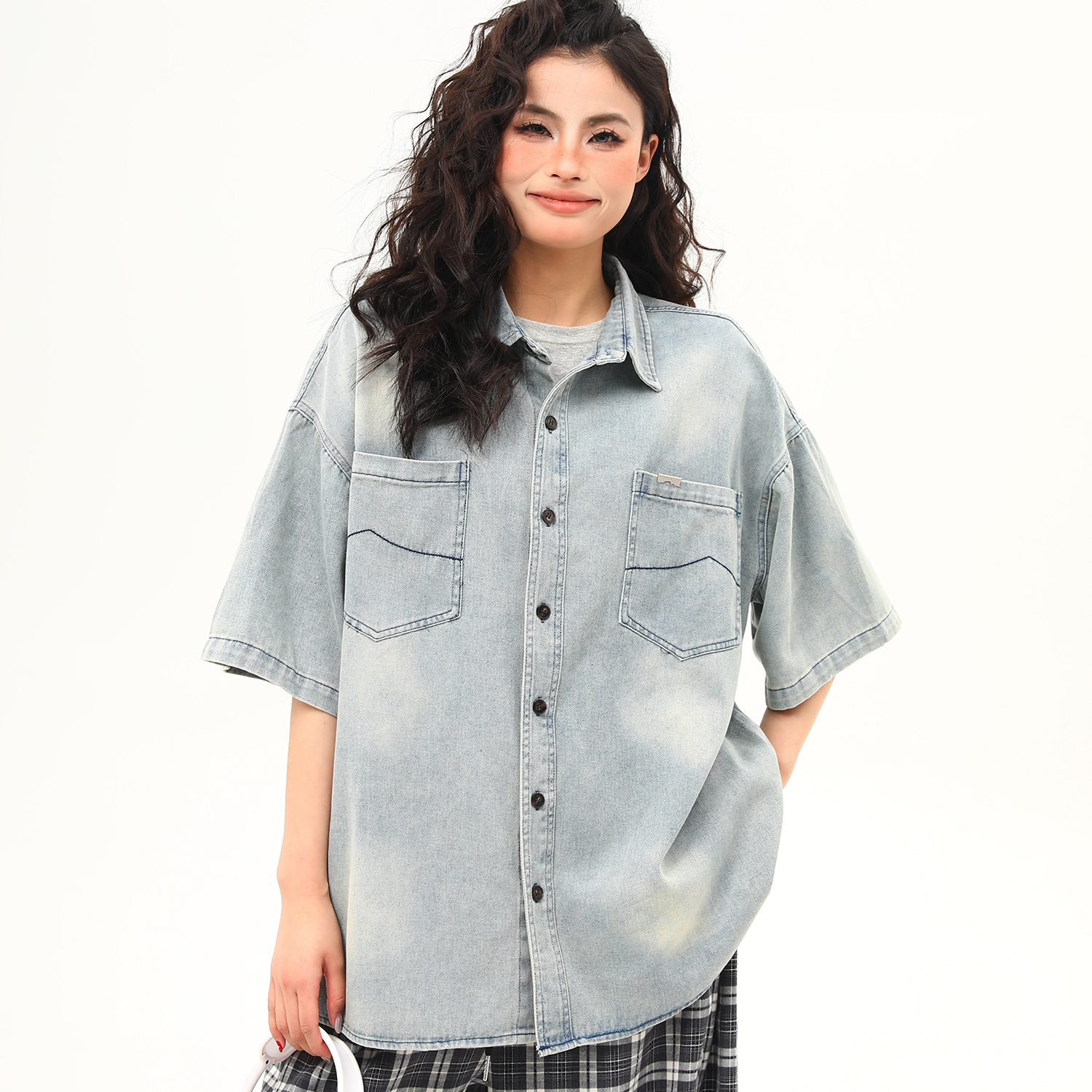 美式復古水洗牛仔短袖襯衫女夏季潮流百搭外穿襯衣