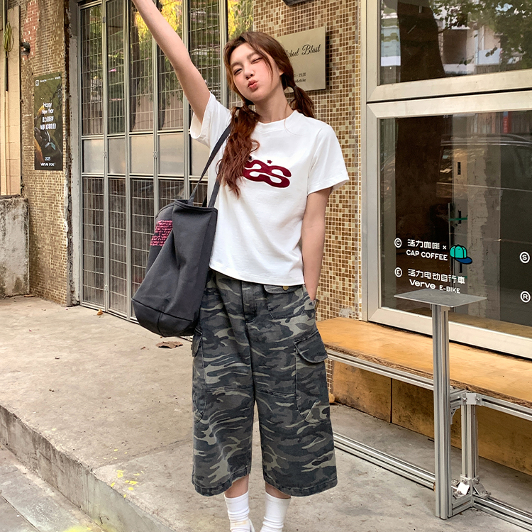 美式復古原創植絨印花正肩短袖t恤女甜酷顯瘦短款小個子上衣