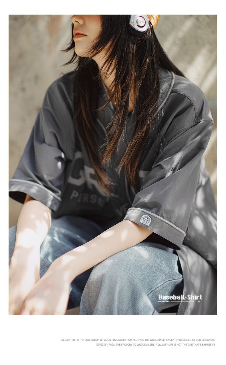 夏日美式休閒oversize棒球服半開襟襯衫日系灰色薄款襯衣女