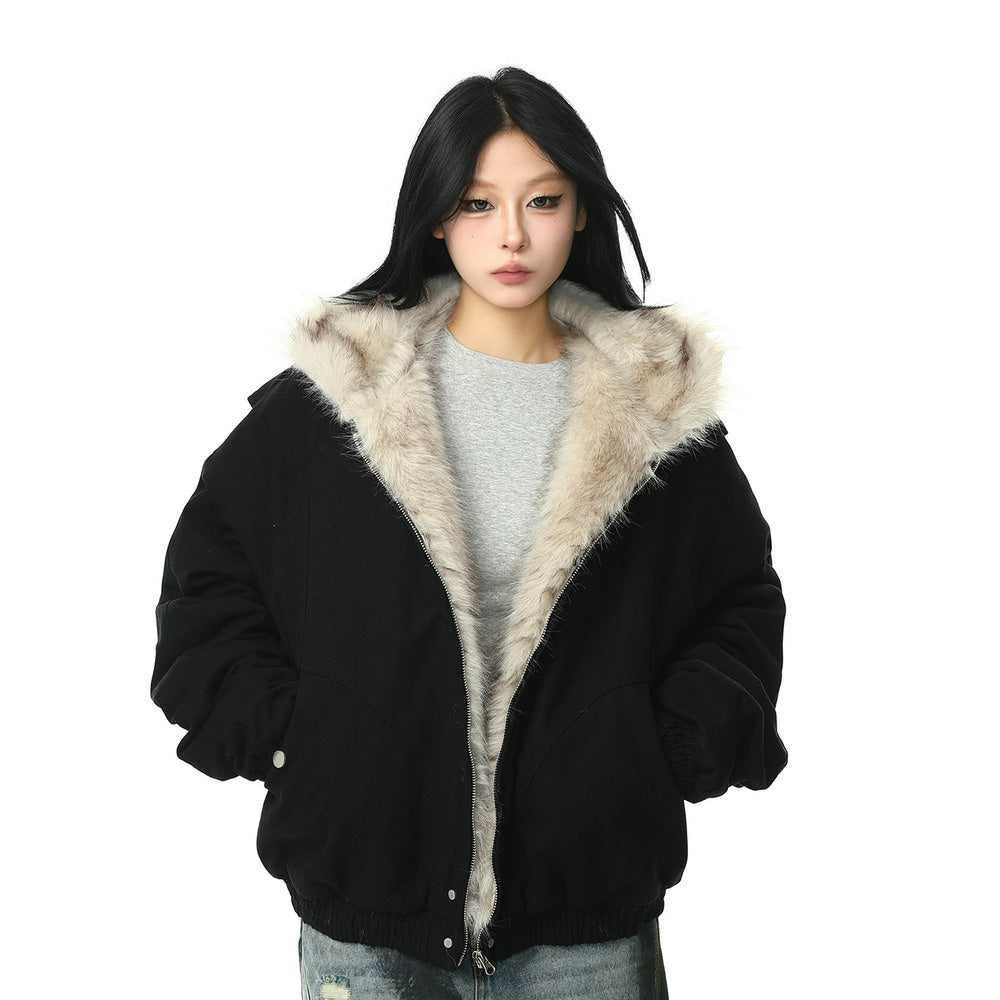 美式復古座山雕毛領外套女冬季加絨加厚保暖潮牌棉服
