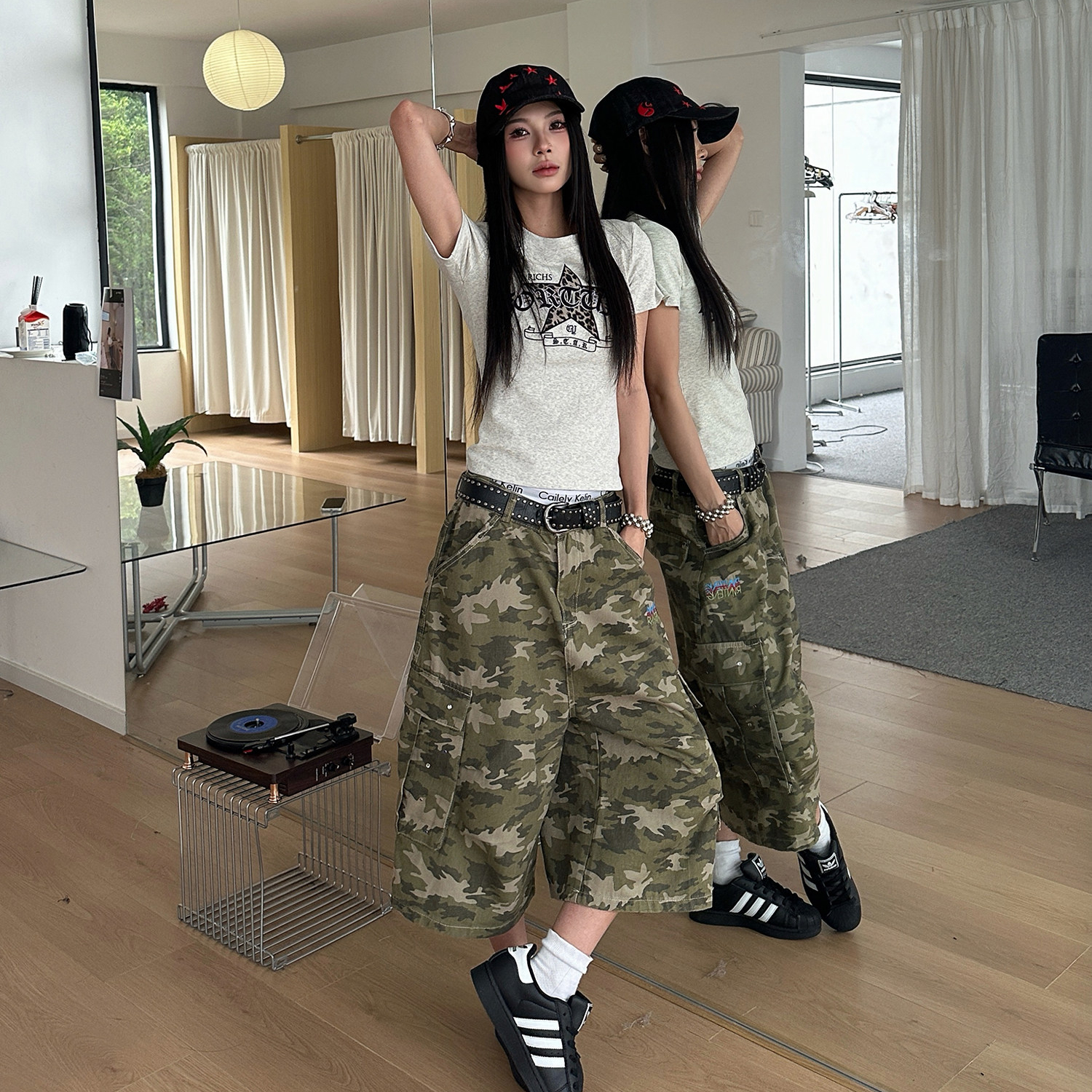 美式復古迷彩工裝褲女刺繡字母夏季潮流寬鬆闊腿七分褲