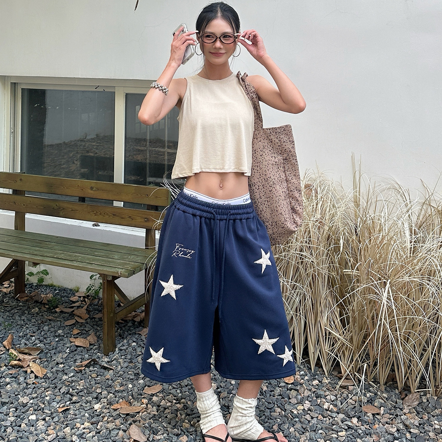 美式星星貼布繡闊腿衛褲女夏季潮流寬鬆慵懶風七分短褲