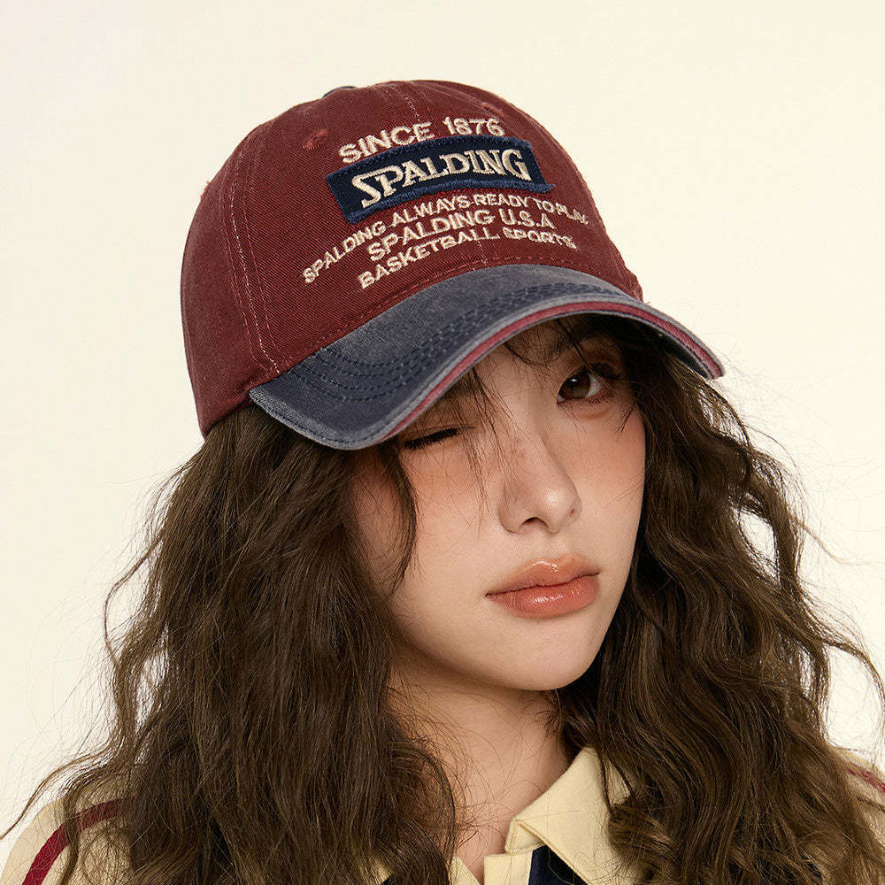 美式復古水洗做舊紅色鴨舌帽子女拼色字母軟頂休閒街頭棒球帽