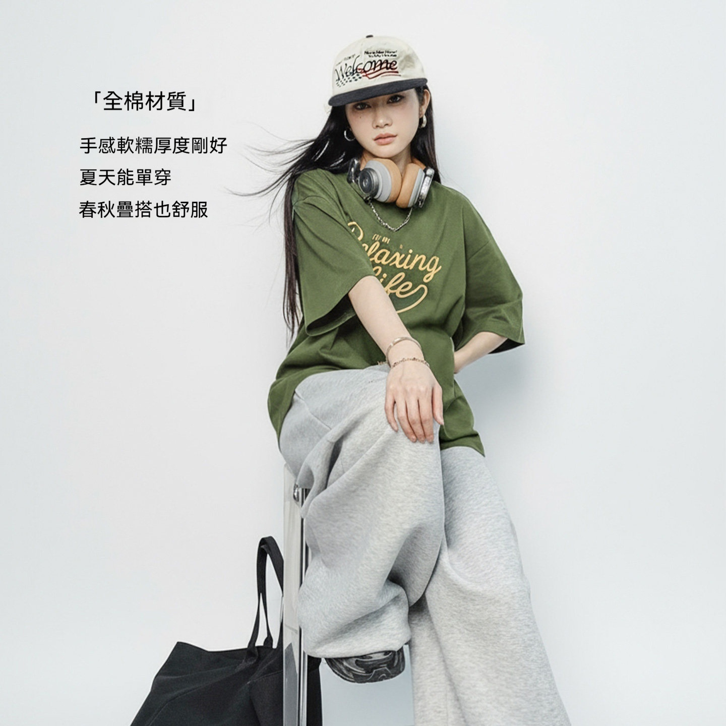 美式復古墨綠色圓領純棉寬鬆版落肩袖印花短袖T恤上衣女士夏