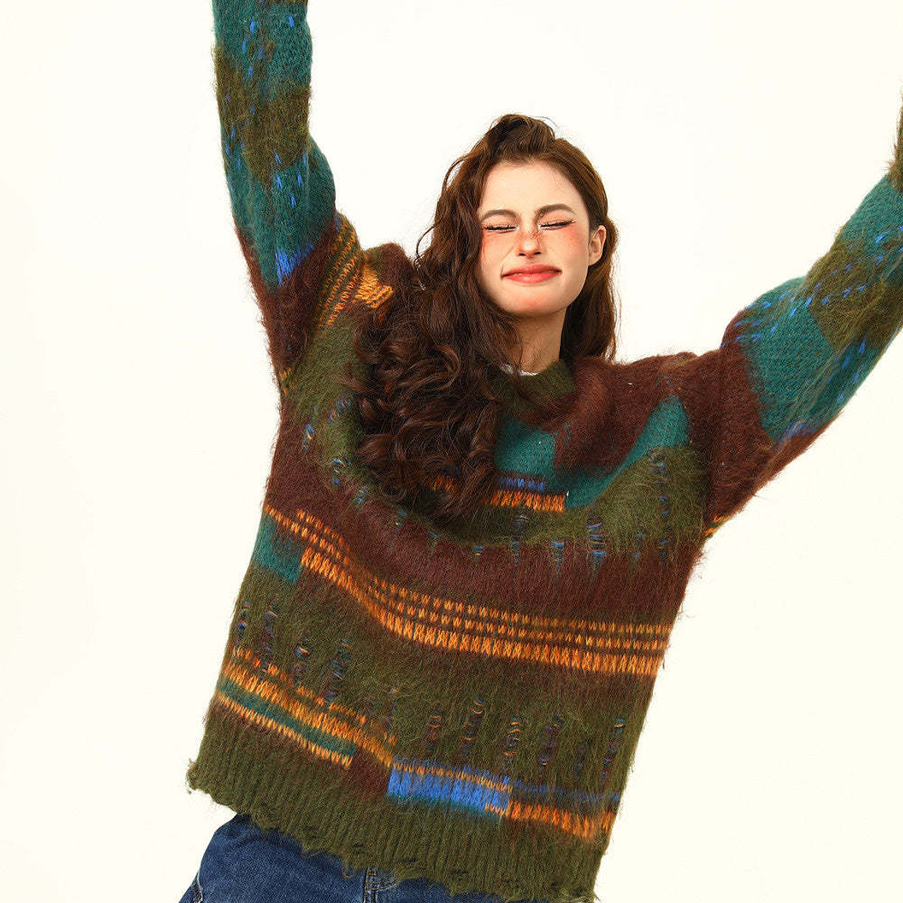 不規則拼接設計感馬海毛毛衣女秋季復古寬鬆慵懶風針織衫