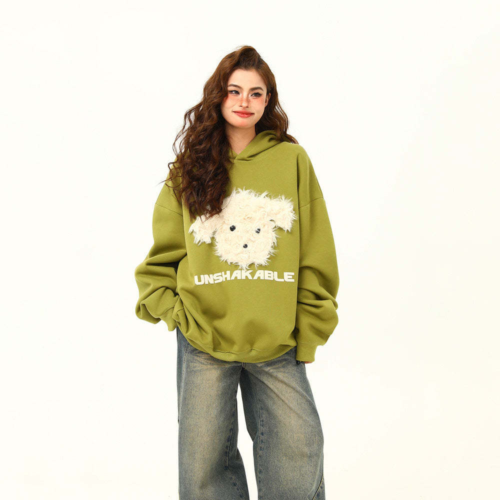 美式復古毛絨小狗刺繡連帽衛衣女秋冬百搭休閒寬鬆外套