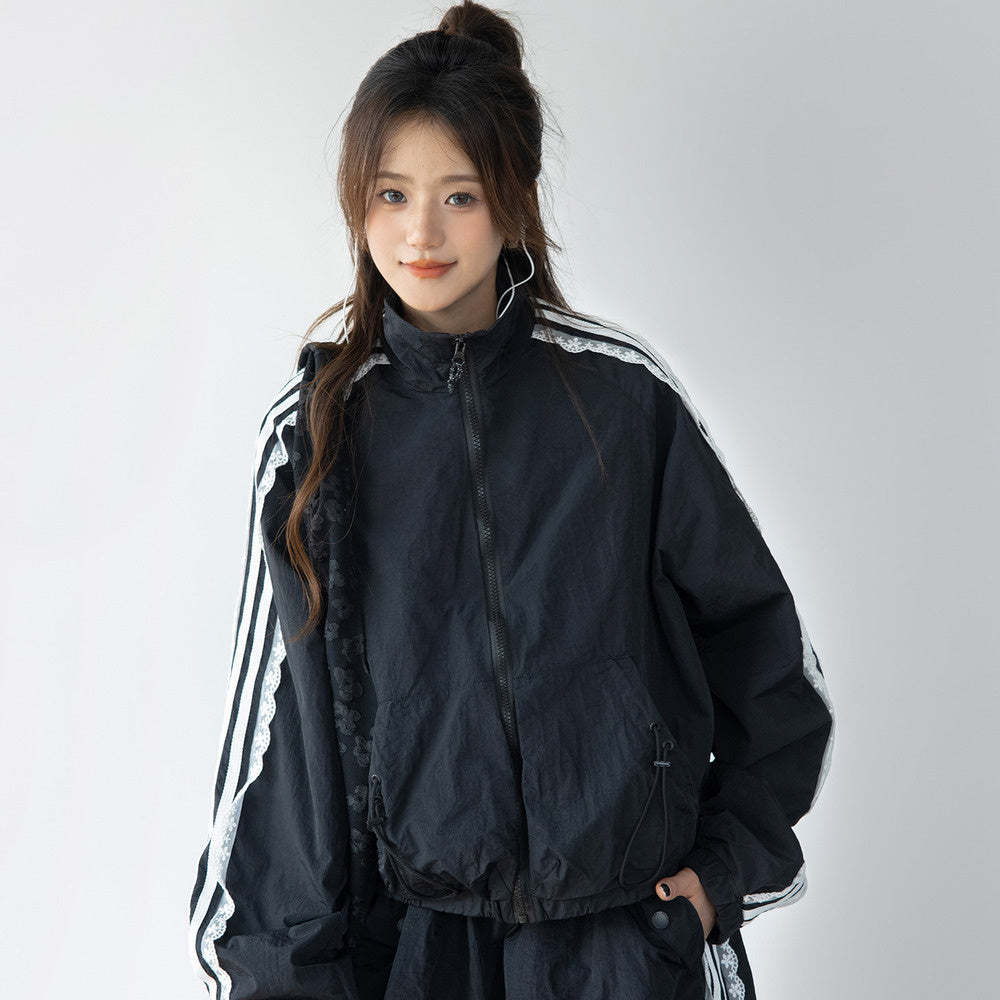 休閒運動套裝女chic條紋拼接蕾絲邊外套小個子韓系寬鬆慵懶半身裙