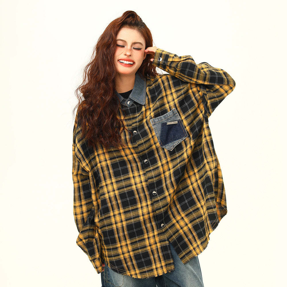 高級感外穿格子襯衫女復古寬鬆百搭早秋黃色格紋襯衣