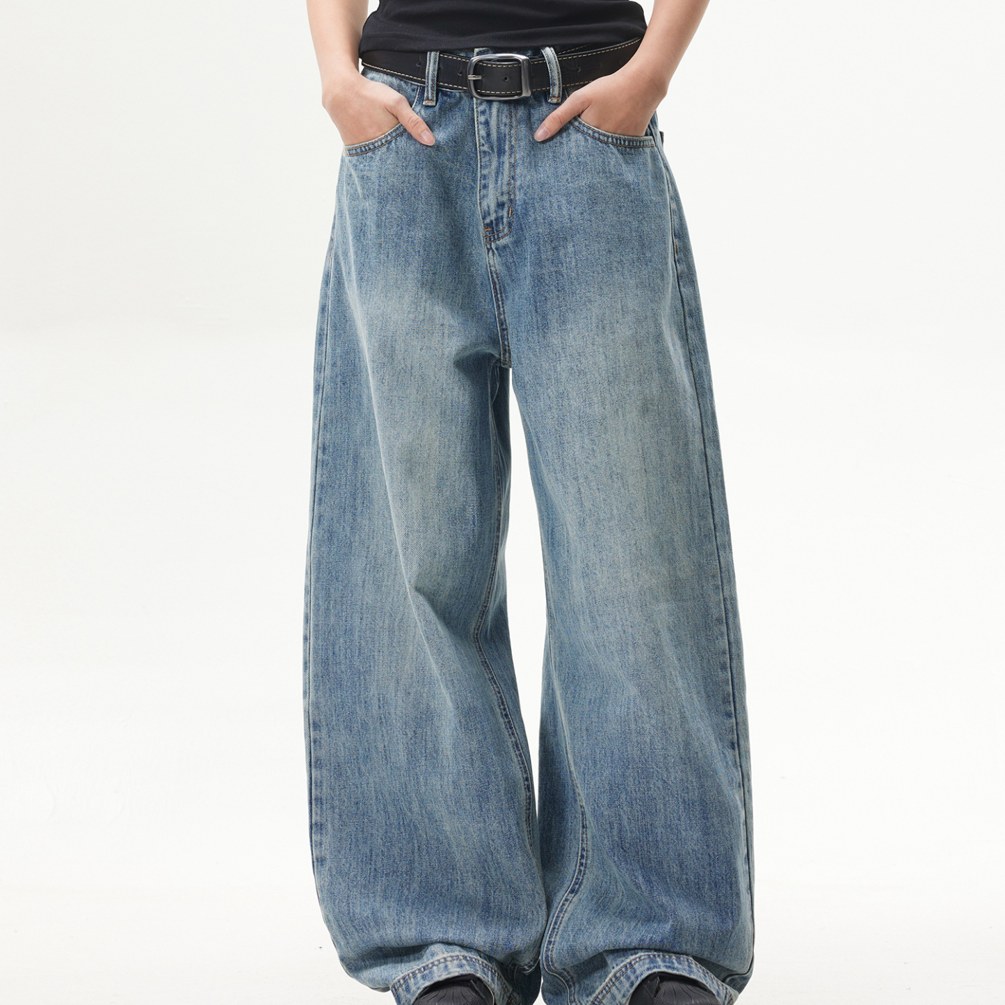 復古水洗cleanfit藍色直筒牛仔褲女美式潮牌闊腿長褲