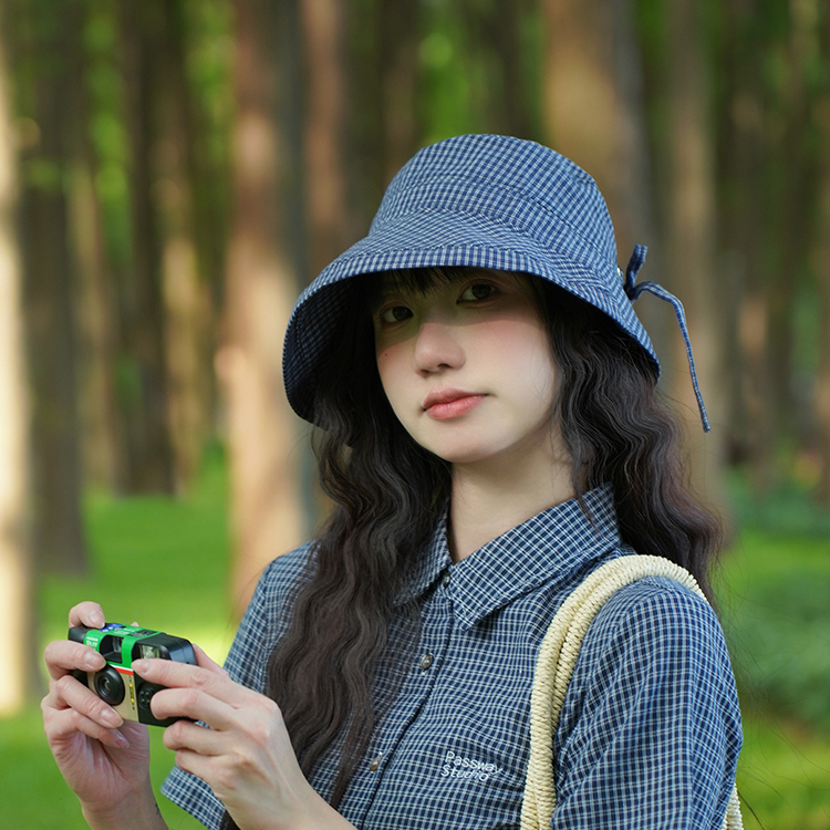 日系格子漁夫帽子女夏季戶外露營登山蝴蝶結防曬防紫外線遮陽帽